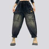 Baggy fit cargo pocket denim joggers for women