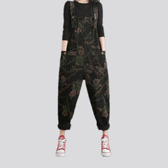 Baggy fit floral pattern women's denim overall