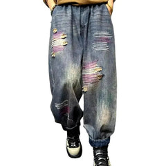 Baggy sanded jean pants for women