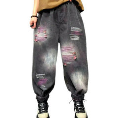 Baggy sanded jean pants for women