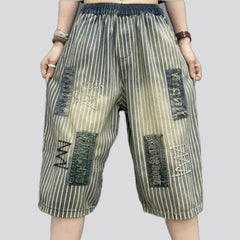 Banded patchwork baggy-fit women's denim shorts