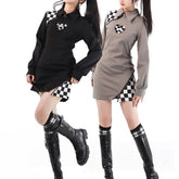 Black Gray Lovely Heart Checker Detail Dress