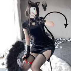 Black Hollow Out Asian Cheongsam Dress EE0819