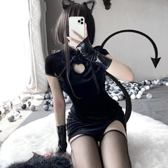 Black Hollow Out Asian Cheongsam Dress EE0819