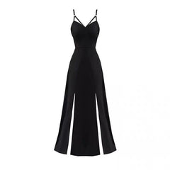 Black V-Neck Strap Open Leg Slit Long Dress EE0904