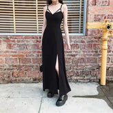 Black V-Neck Strap Open Leg Slit Long Dress EE0904