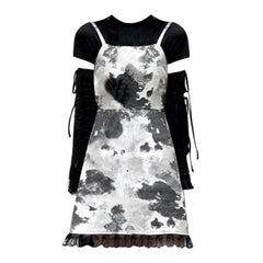 Black White Removable Sleeves Top Tie Dye Slip Dress EE0794