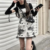 Black White Removable Sleeves Top Tie Dye Slip Dress EE0794