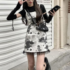 Black White Removable Sleeves Top Tie Dye Slip Dress EE0794