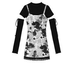 Black White Removable Sleeves Top Tie Dye Slip Dress EE0794