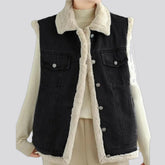 Casual stonewashed fuzzy trim women's jeans vest