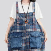 Checkered pattern baggy women's denim overall