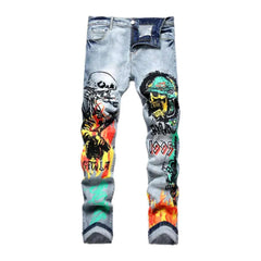 Color skull print painted jeans for men