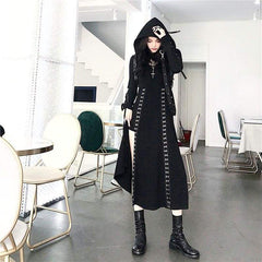 Cool Set Gothic Lace Up Hollow Sweatshirt Hoodie Split Long Dress Two Piece Set