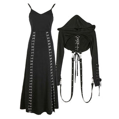Cool Set Gothic Lace Up Hollow Sweatshirt Hoodie Split Long Dress Two Piece Set