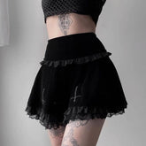 Cute Punk Cross Embroidery Lace Velvet Black Dress EE0912