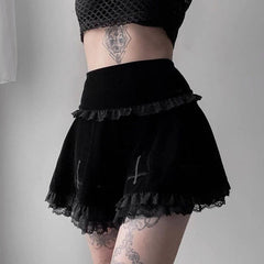 Cute Punk Cross Embroidery Lace Velvet Black Dress EE0912