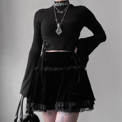 Cute Punk Cross Embroidery Lace Velvet Black Dress EE0912