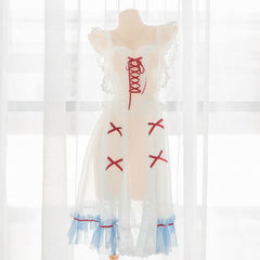 Cute See Through Dress Blue Details Red Ribbons Lingerie