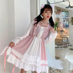 Sweet Pink Ruffle Hem Stitching Dress