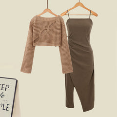 Hollow Out Crop Top Split Slip Dress Set