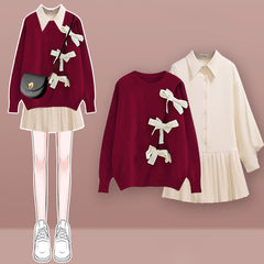 Bow Cable Sweater Pleated Shirt Dress Set
