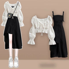 Puff Sleeve Shirt Irregular Lace Up Slip Dress Skirt Set