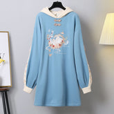 Vintage Bunny Colorblock Plush Hooded Sweatshirt Dress