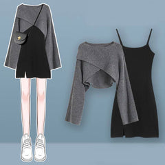 Elegant Cross Knit Sweater Lace Up Irregular Ruffled Slip Dress Set MK19596