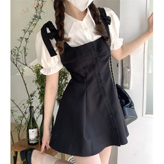 Kawaii Puff Sleeve T-Shirt Lace Up Dress Set K19898