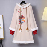 Vintage Fox Buckle Plush Hooded Sweatshirt Dress