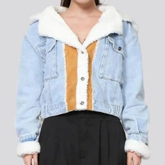 Light-wash hooded denim jacket for women