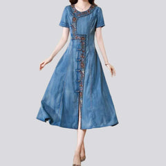 Embroidered boho long denim dress