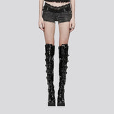 Elastic stitched design denim shorts for ladies