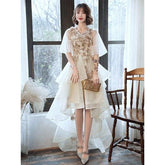 Elegant Beaded Appliques Champagne Prom Dresses V-neck Lace Evening Gowns