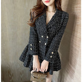 Elegant Tweed High Waist Slim Pleated Plaid Black Dress