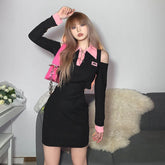 Fashion Black Pink Hollow Out Shoulder Dress