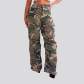 Fashionable cargo pockets denim pants for women