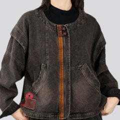 Floral collarless retro women's jean jacket