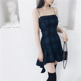 Gothic Blue Sling Strap Plaid Dress