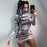 Gothic Dragon Print White Mesh Turtleneck Bodycon Mini Dress