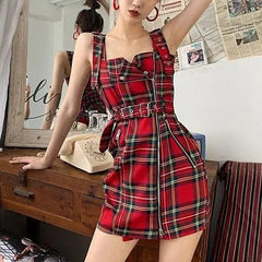 Gothic Grunge Plaid/Plain Zipper Dress