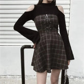 Gothic Grunge Triple Buckle Gray Plaid Tube Mini Dress