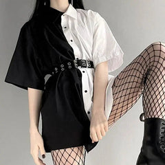 Gothic Grunge Two-Tone Black White Shirt Dress Top