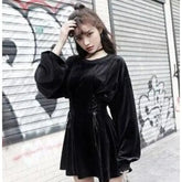 Gothic Harajuku Lantern Sleeve Double Lace Up Waist Mini Dress