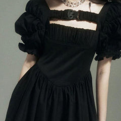 Harajuku Style Gothic Irregular Vintage Puff Sleeve Black Dress EE0870