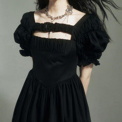 Harajuku Style Gothic Irregular Vintage Puff Sleeve Black Dress EE0870