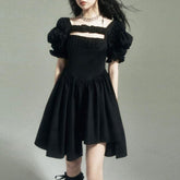 Harajuku Style Gothic Irregular Vintage Puff Sleeve Black Dress EE0870