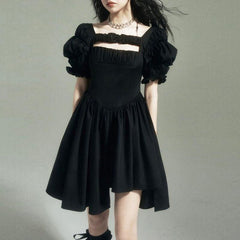 Harajuku Style Gothic Irregular Vintage Puff Sleeve Black Dress EE0870