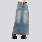 High-rise faded wash jean skirt